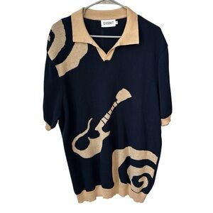 Oxknit Retro 1970s Guitar Knit Polo Shirt Women’s 3XL Blue
